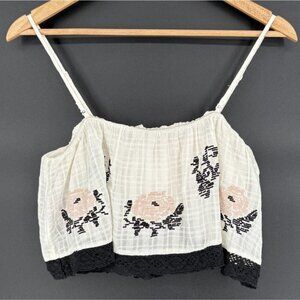 American Eagle Women Floral Embroidered Cami Crop Top M Off White Boho Festival